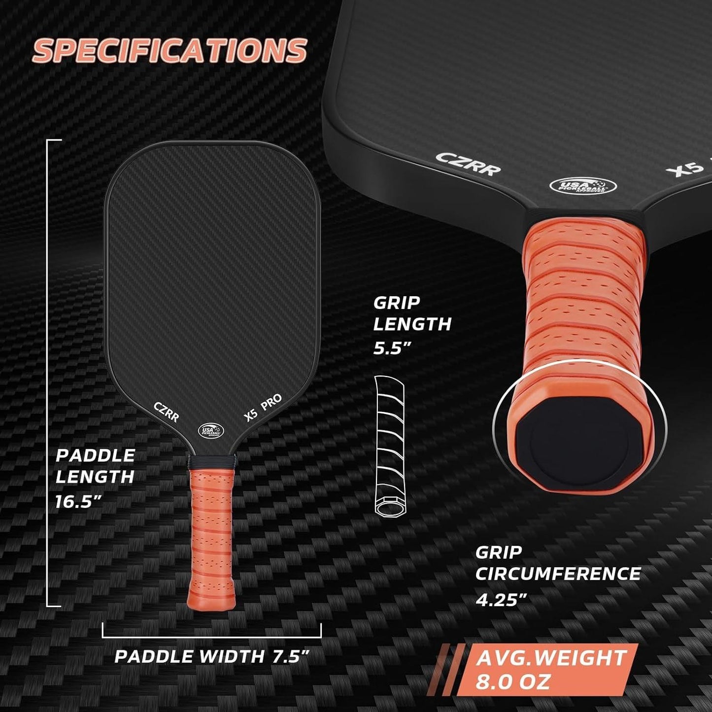 Pickleball Paddle, USA Pickleball Approved, 3K Raw Carbon Fiber Surface (CFS) High Grit & Spin