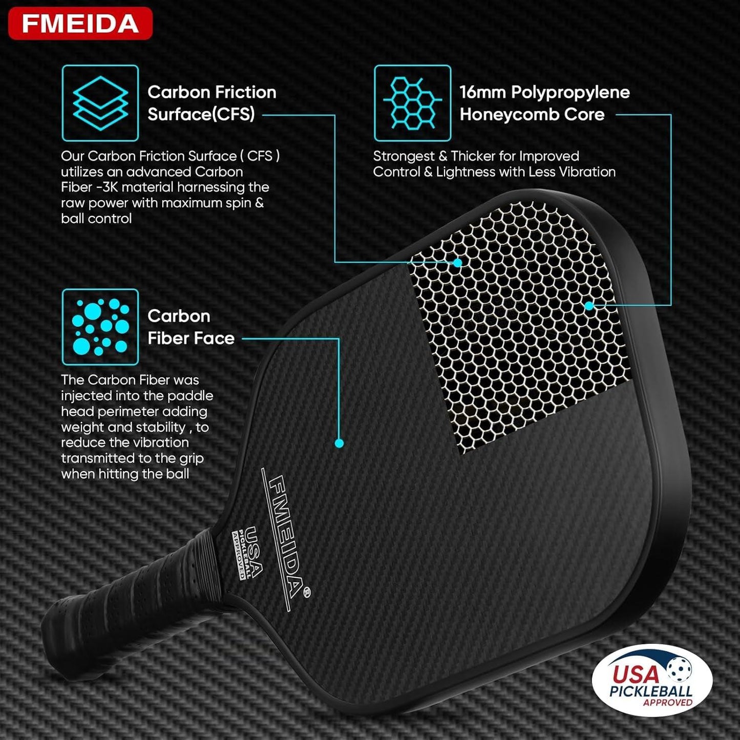 Pickleball Paddle, USAPA Approved Pickleball Paddle, 3K Raw Carbon Fiber Surface 