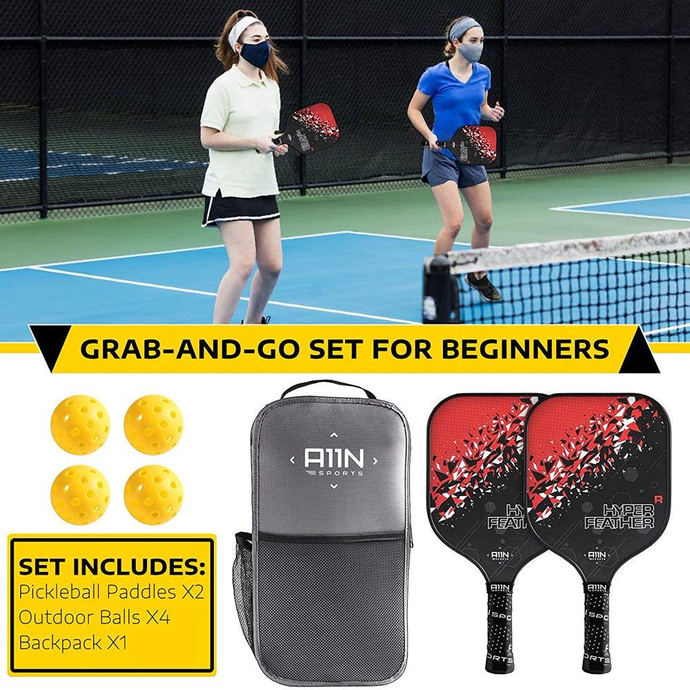 Hyperfeather R Pickleball Paddles Set of 2 for Beginners with 4 Outdoor Balls and 1 Backpack - setpickleball