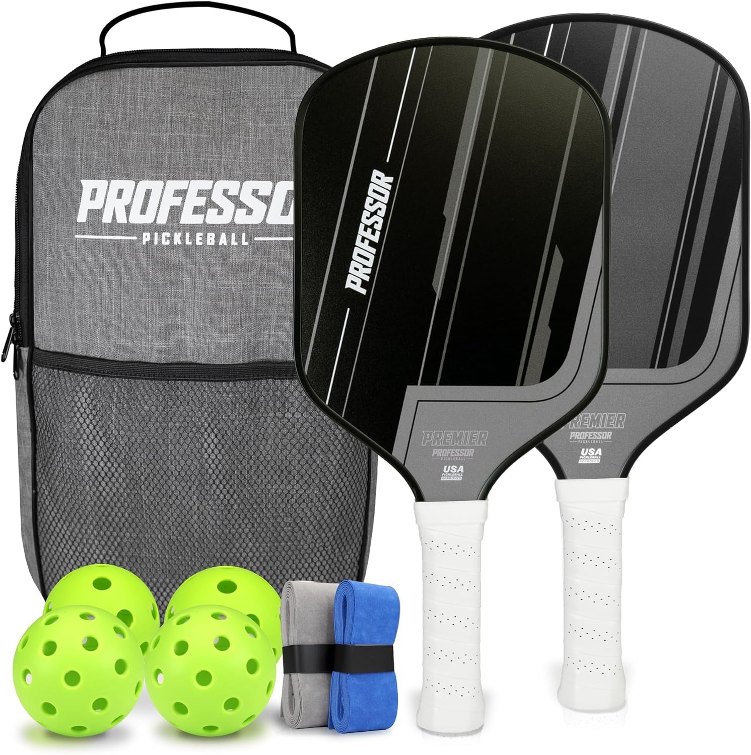 Premier Pickleball Paddle Set of 2 Fiberglass Surface Paddles, 4 Balls, Carrying Bag & Grips - 2024 USAPA Approved!