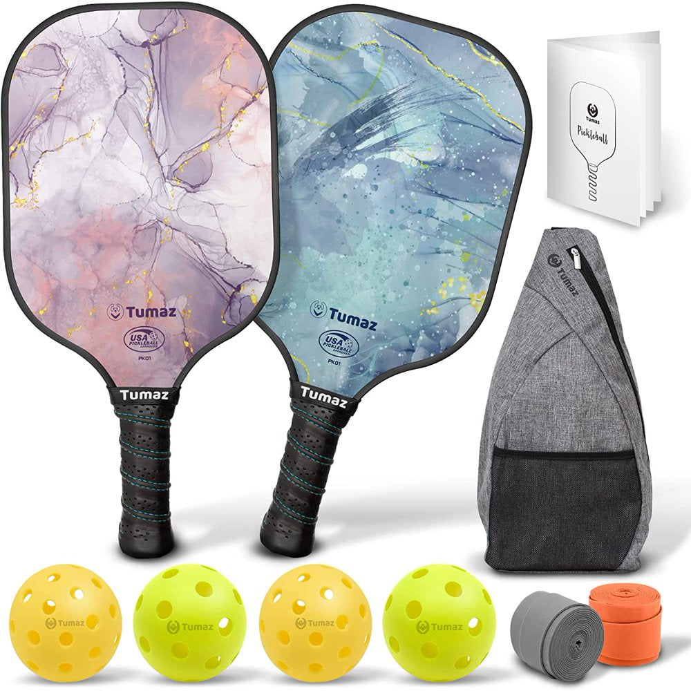 Pickleball Paddle Set, 2 Honeycomb Core and Fiberglass Face Paddles, 4 Balls and Carry Case