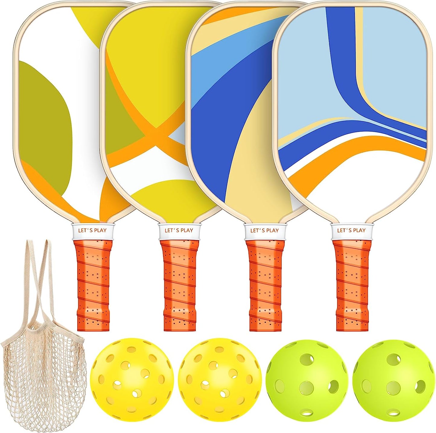 Pickleball Paddles Set of 4, Premium Wood with 4 Indoor & Outdoor Pickleball Balls and 1 Carry Bag