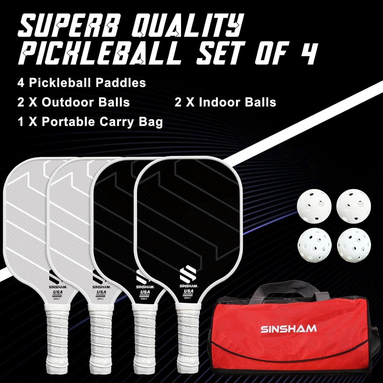 Pickleball Paddles Set of 4,  Graphite Pickleball Rackets Fiber Face & Polymer Honeycomb Core