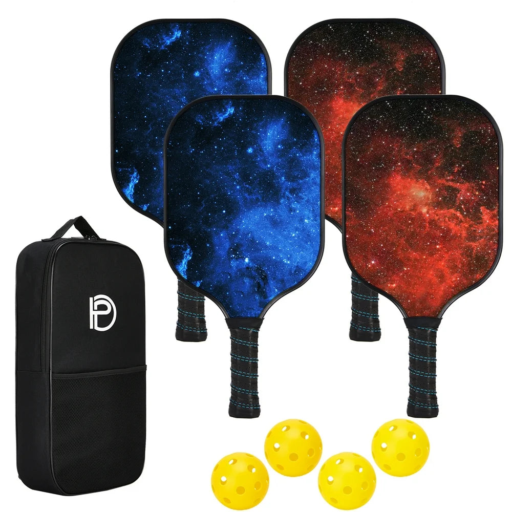 Pickleball Paddles Set of 4, 4 Indoor Outdoor Wood Pickleballs, Paddle Racket with Cover Bag