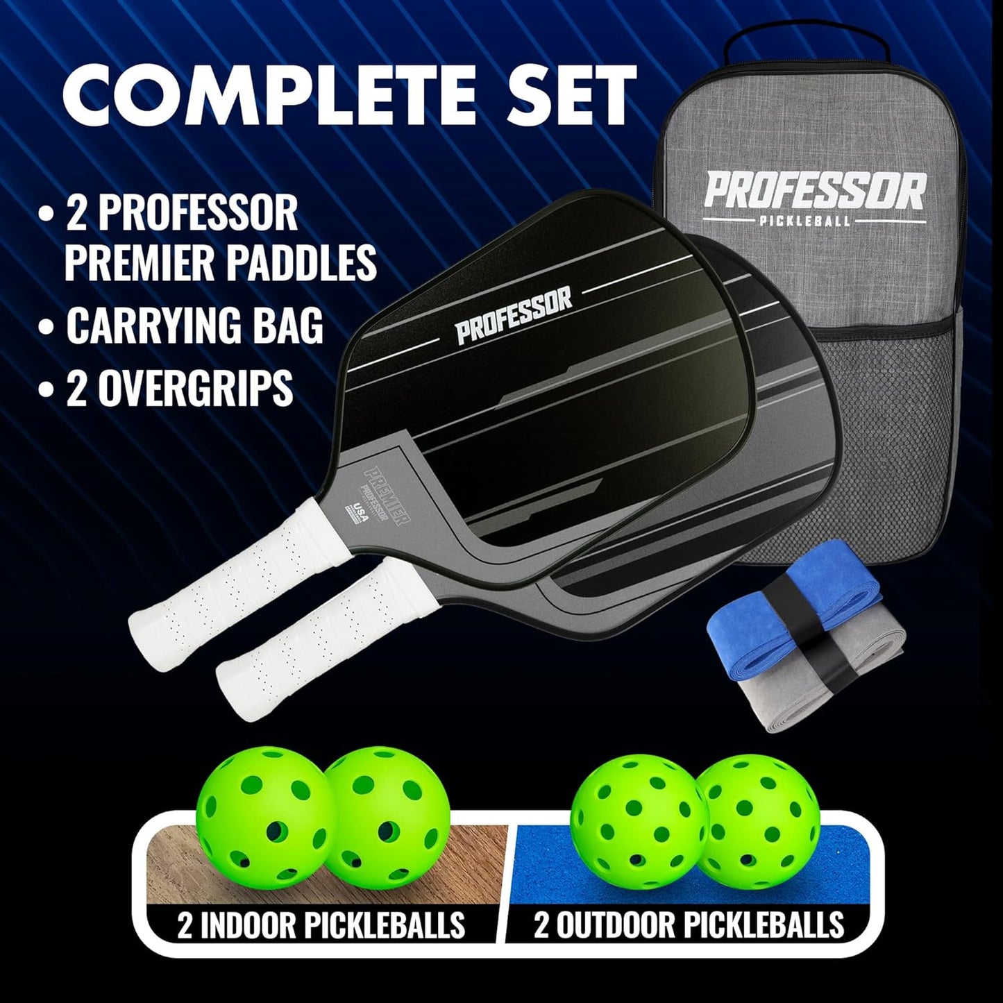 Premier Pickleball Paddle Set of 2 Fiberglass Surface Paddles, 4 Balls, Carrying Bag & Grips - 2024 USAPA Approved!