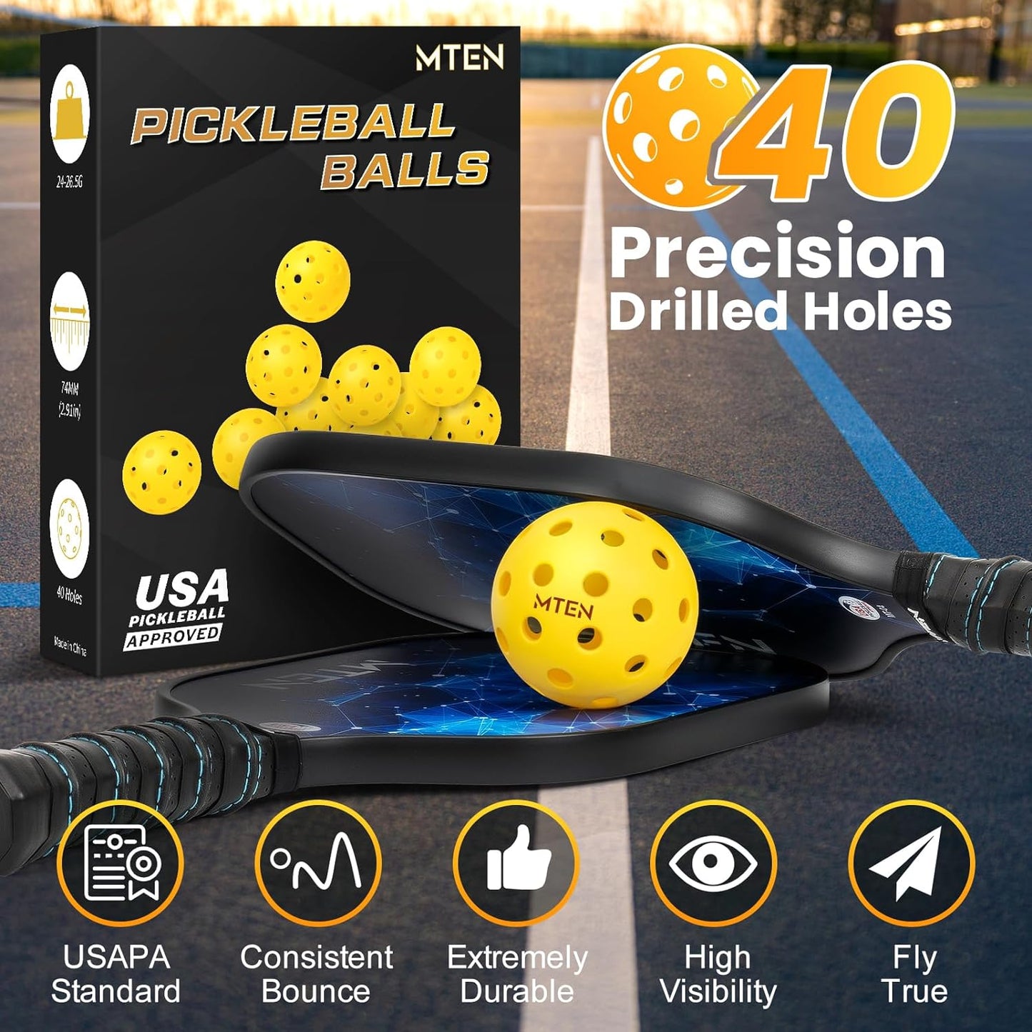 Pickleball Balls,12 Pack 40 Holes Outdoor Pickleball Balls, High Bounce True Flight & Durable for All Skill Levels