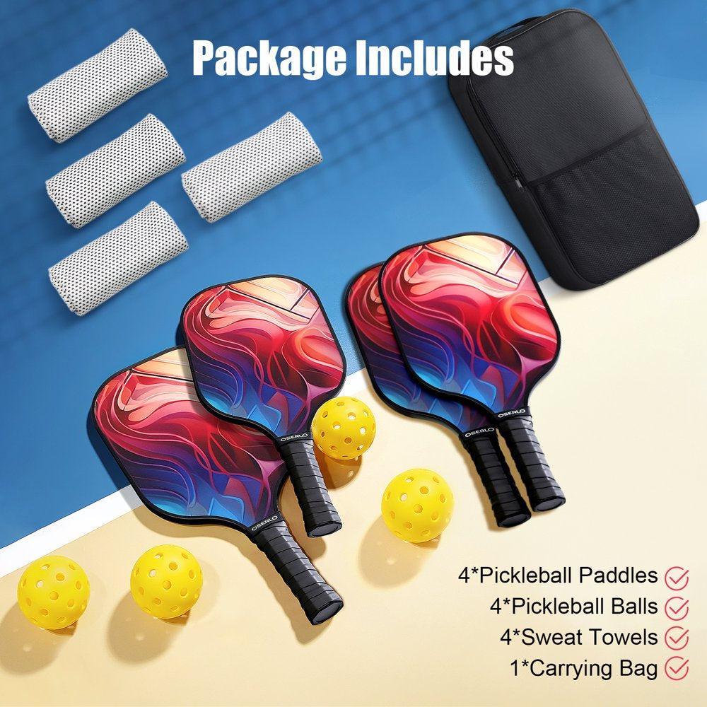 Pickleball Paddles Set with 4 Pickle-Ball , 4 Cooling Towel, 1 Pickleball Bag 