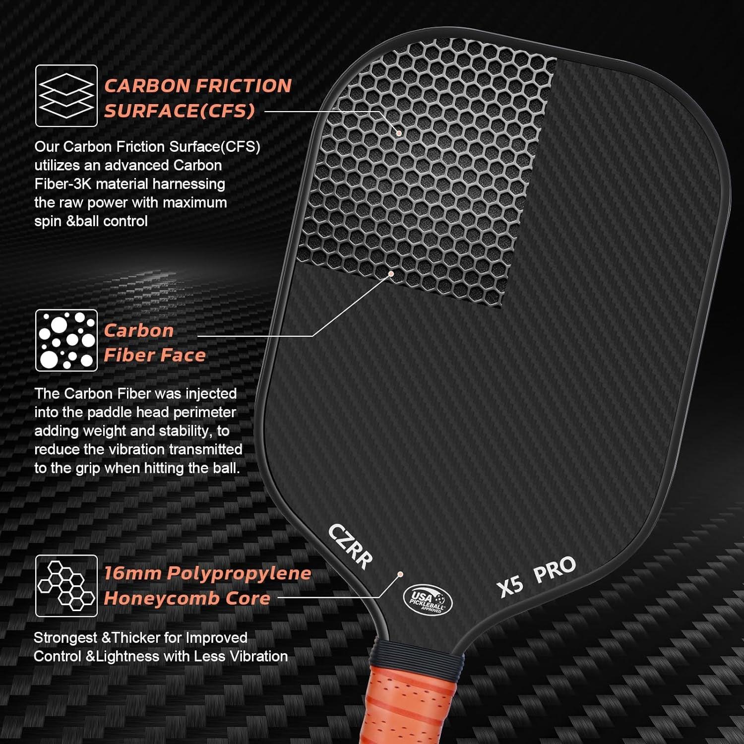 Pickleball Paddle, USA Pickleball Approved, 3K Raw Carbon Fiber Surface (CFS) High Grit & Spin