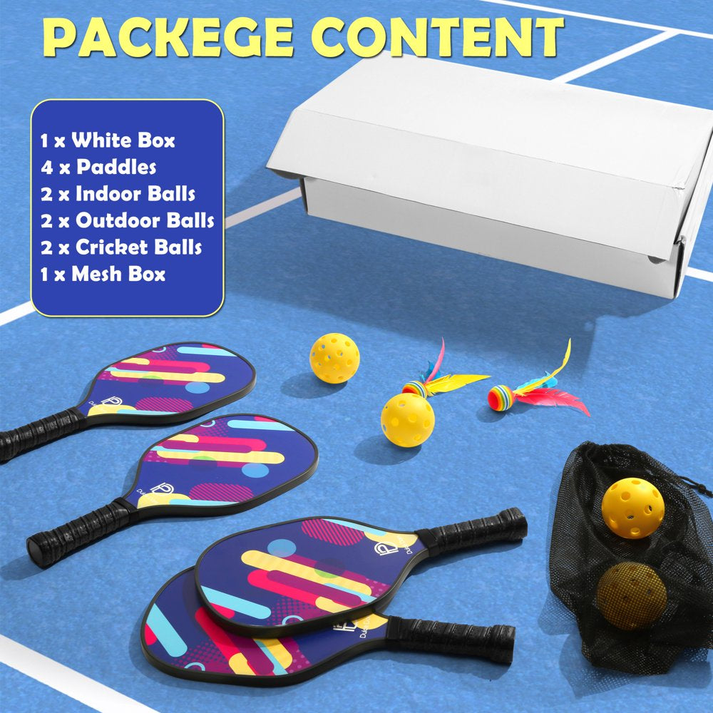 Wood Pickleball Paddles Set of 4 with Mesh Bag, 4 Pickleballs (Indoor/Outdoor) and 2 Cricket Balls