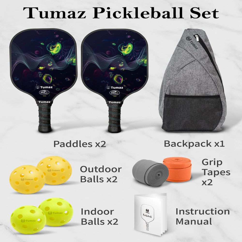 Pickleball Paddle Set, 2 Honeycomb Core and Fiberglass Face Paddles, 4 Balls and Carry Case