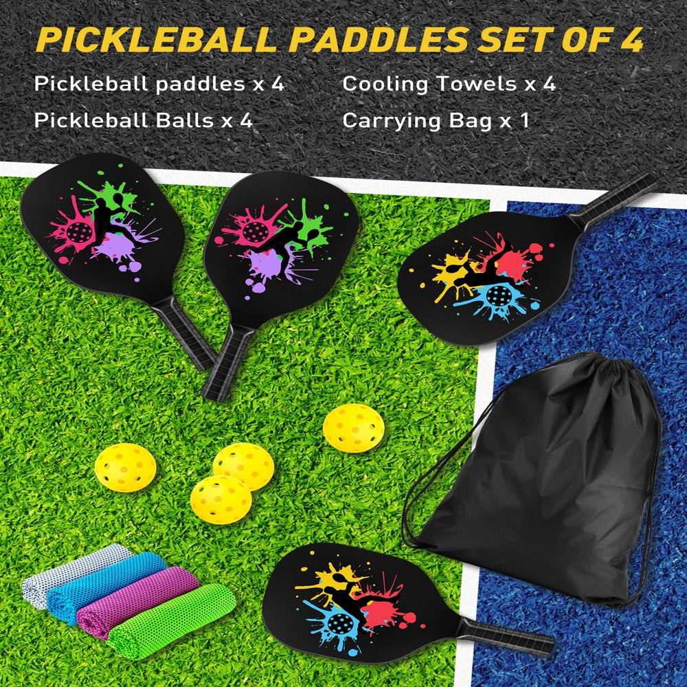 Pickleball Paddles, Pickle Ball Paddle Set of 4,  Pickleball Set with 4 Cooling Towels and Carry Bag