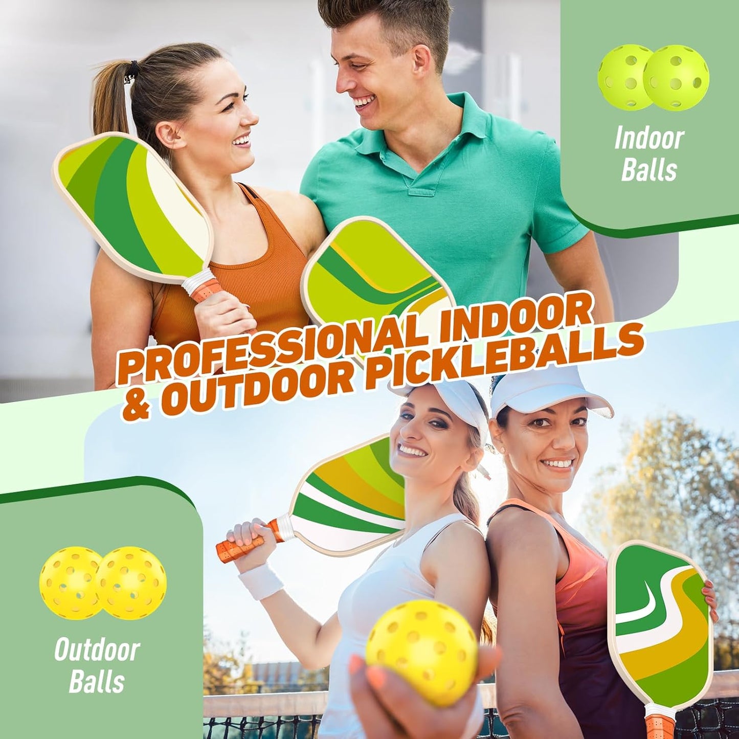 Pickleball Paddles Set of 4, Premium Wood with 4 Indoor & Outdoor Pickleball Balls and 1 Carry Bag