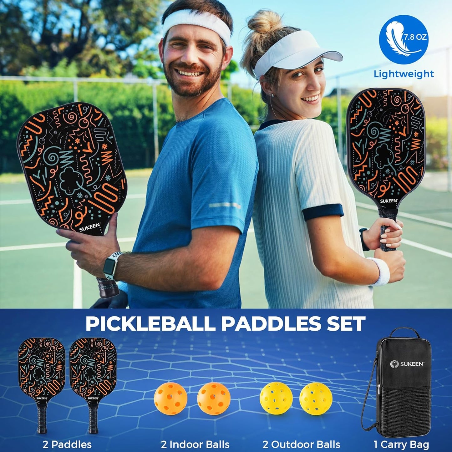 Pickleball Paddles Set of 2, Fiberglass Surface Pickleball Set with Pickleball Rackets, Pickle Ball Paddle Set ​For Men Women