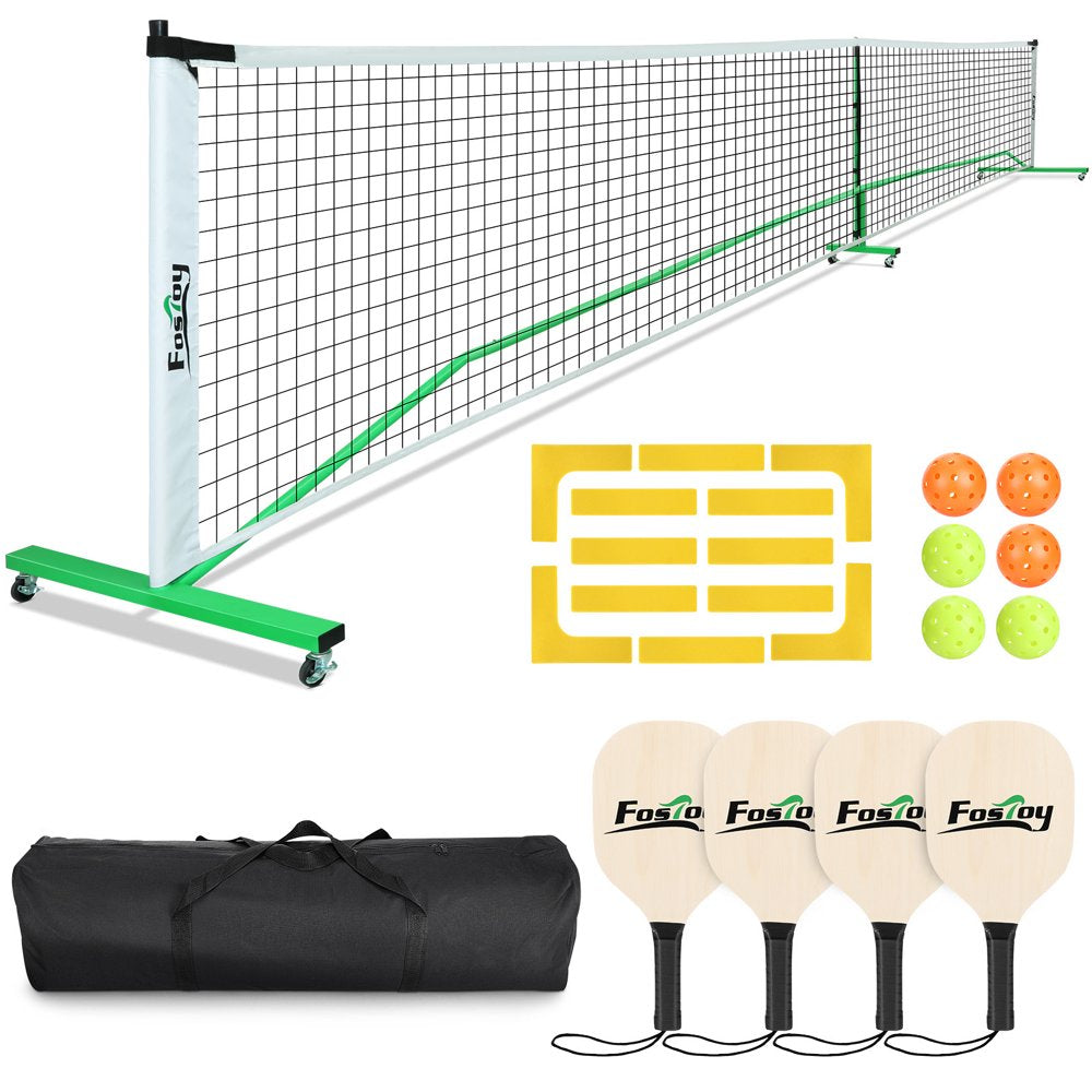 Pickleball Net Set on Wheels for Driveway Portable Regulation Size Pickleball Net System with 4 Paddles,6 Pickle Balls