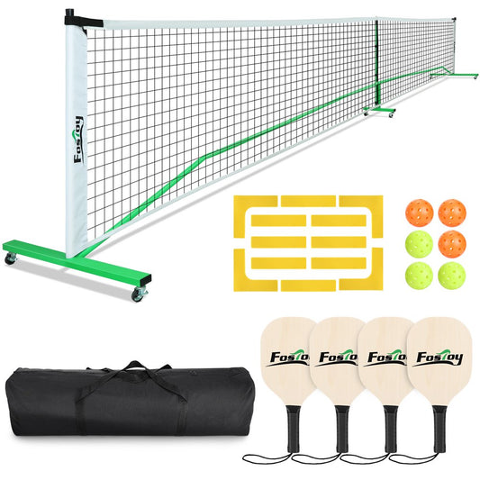 Pickleball Net Set on Wheels for Driveway Portable Regulation Size Pickleball Net System with 4 Paddles,6 Pickle Balls